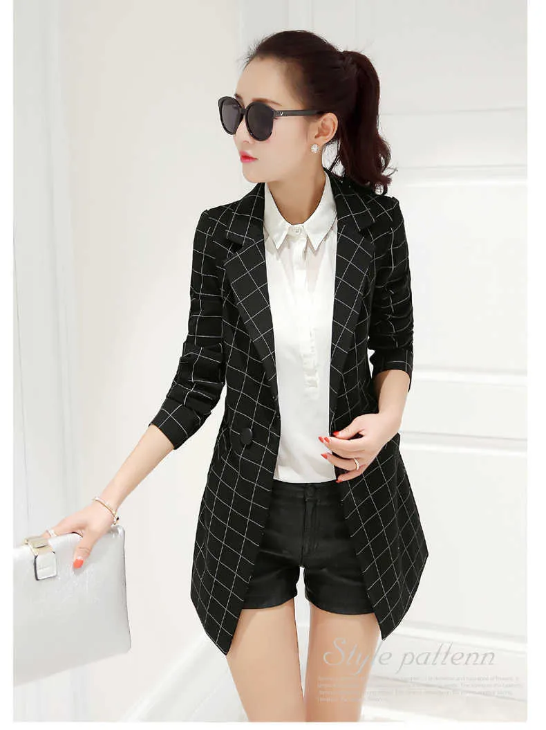 Mode Slim Plaid Dames Small Suit Jacket Koreaanse versie van het Formaat met lange mouwen Lange Dames Blazer Office 210527