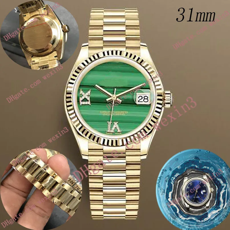 Montre femme de luxe 31 mm Mécanique automatique cadre en diamant bracelet présidents cadran rayé vert montre de luxe 2813 acier Waterp326W
