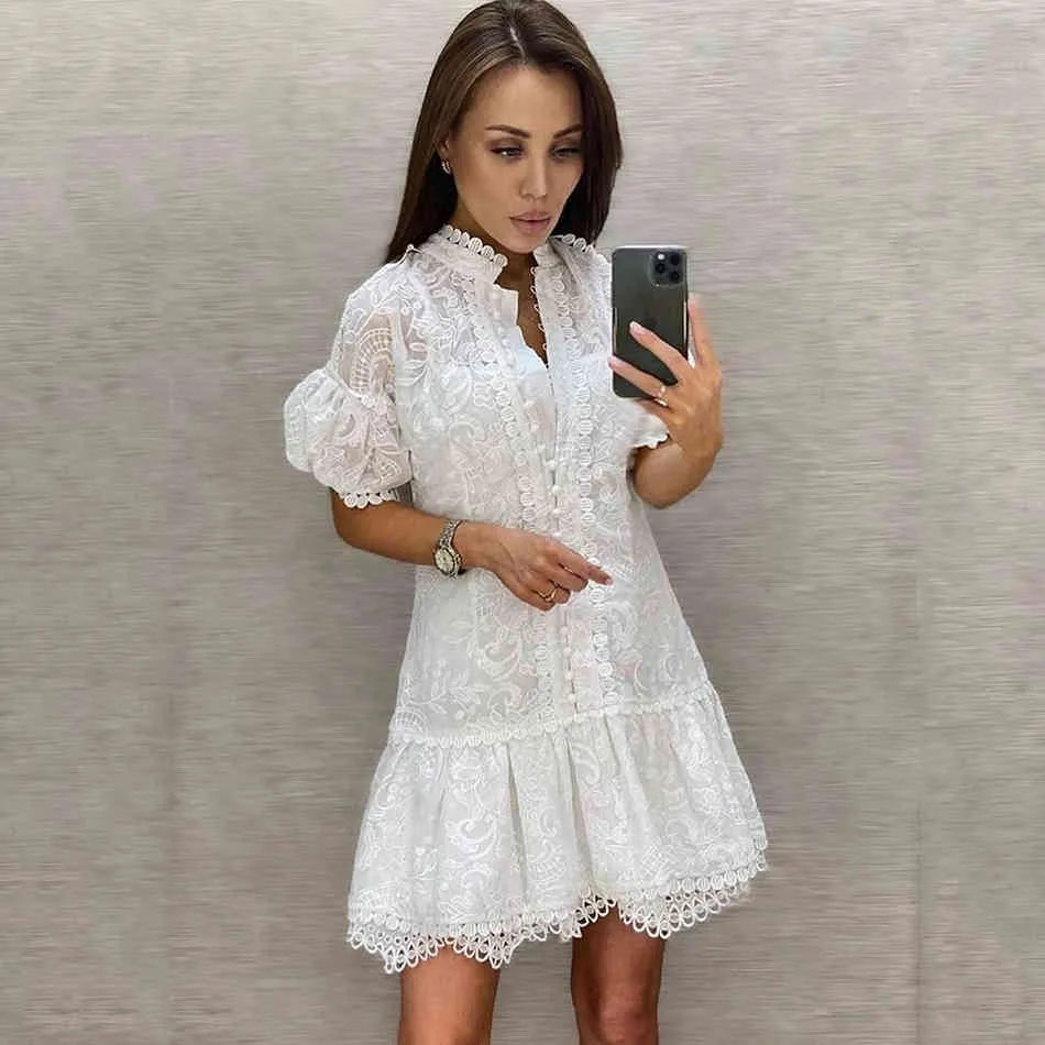 Darmowa letnia biała drukowana sukienka damska elegancki latarniowy rękaw jednokiernastodny klub linii Vestido 210524