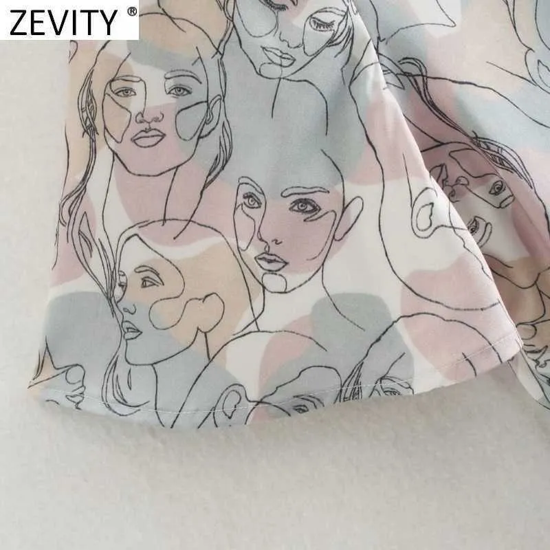 Zeefity Dames Mode Abstract Portret Print Breasted Blouse Office Lady Flare Sleeve Casual Shirts Chic Chemise Tops LS9135 210603