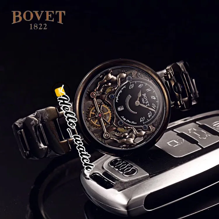 40mm Bovet 1822 Tourbillon Amadeo Fleurie Watches Quartz Mens 시계 검은 골격 다이얼 로즈 골드 스틸 팔찌 HWBT Hello Watch2781