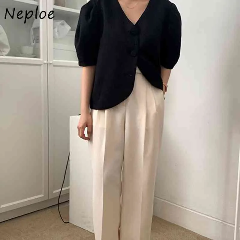 Temperament Work Style Women Set V Neck Single Breast Short Sleeve Jacket + High Waist Hip Straight Pants Suit 210422