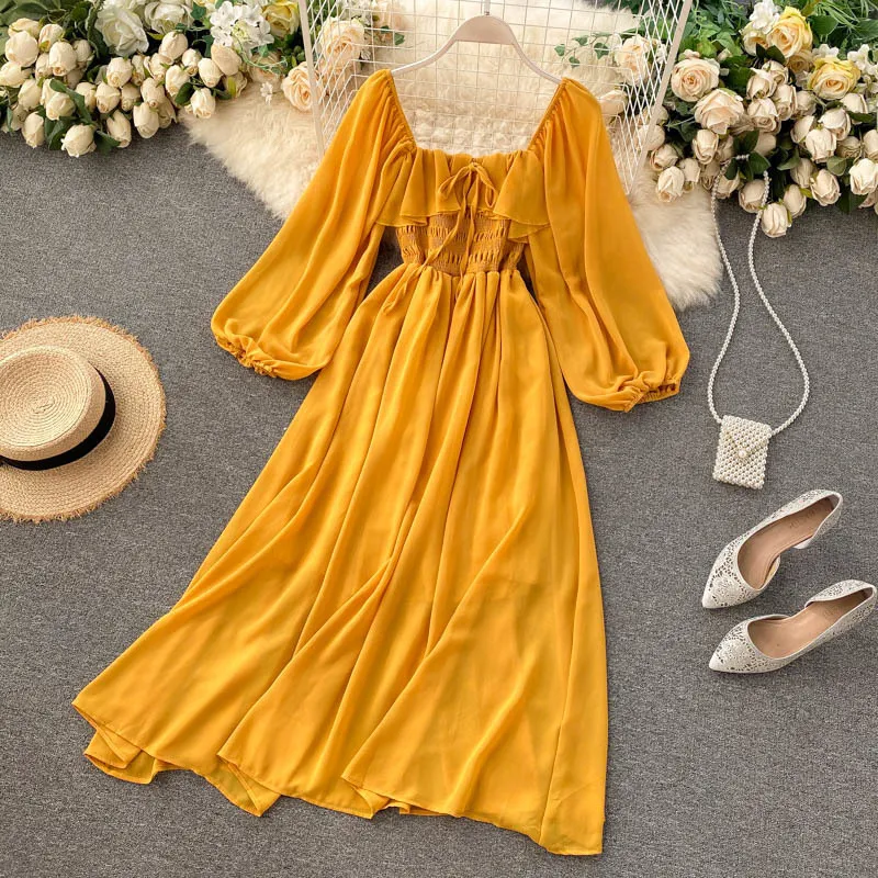 Woherb Chic Elegant Square Collar Maxi Dres Solid Chiffon Puff Sleeve Dresses Korean Fashion Vintage Ruffle Vestidos 220308