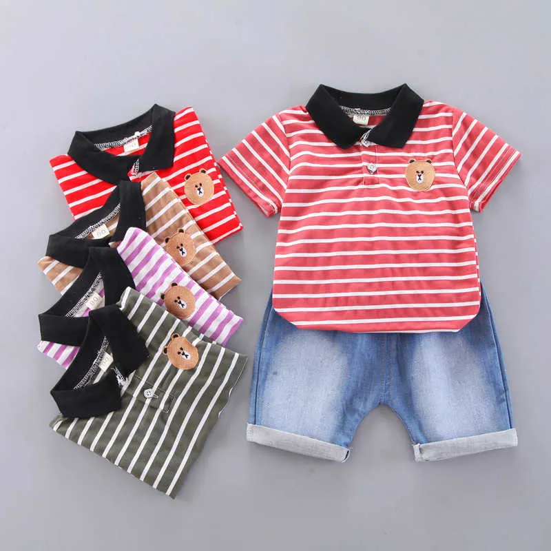 2021 Été bébé garçons vêtements ensembles enfants infantile rayé ours polo t-shirt + jeans 2 pièces mode enfant en bas âge filles vêtements 0-4 ans G1023