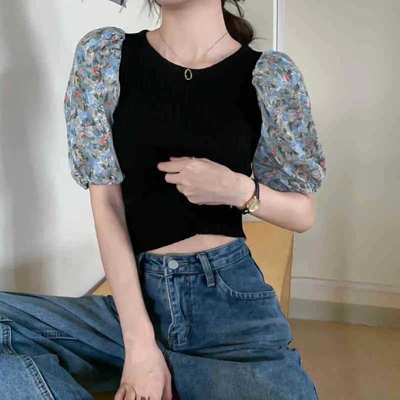 Sweet Print Puff Sleeve Patchwork Femme Tricot T-shirts Été Solide Court Tee Slim Ropa Mujer Frais Femmes Tricoté Crop Tops 210514