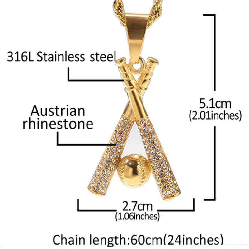 Pendanthalsband Hip- Rhinestone Baseball Halsband Ed Rope Chain Men Fashion Jewelry Accessories252V
