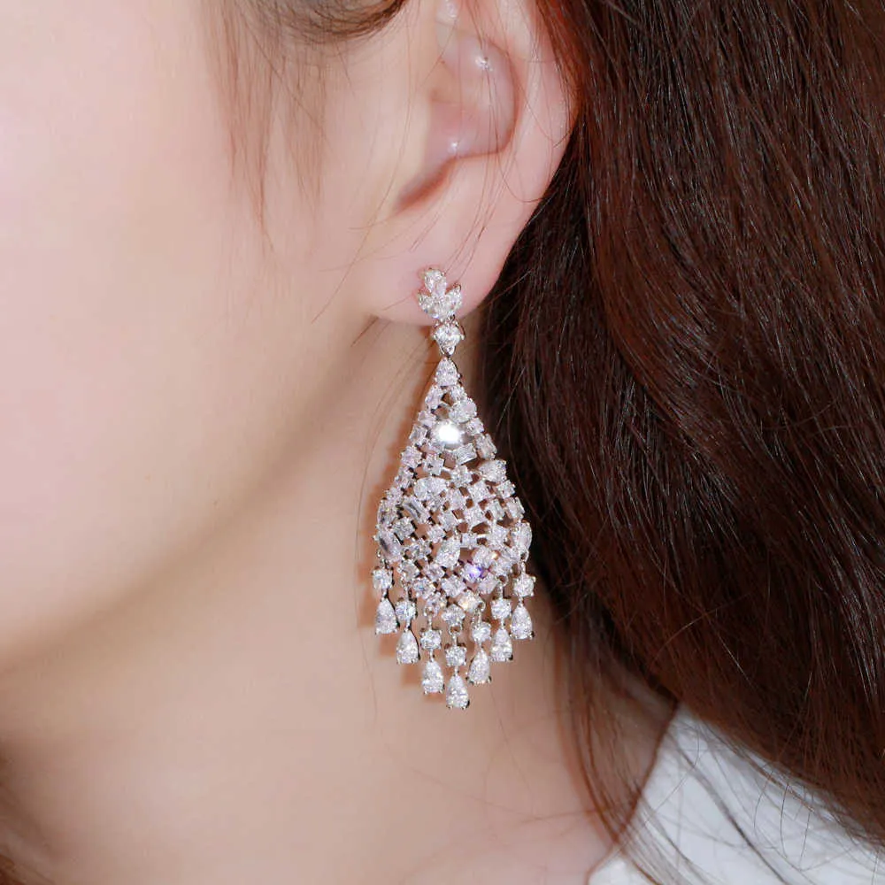 Shiny White Cubic Zirconia Dangle Big Long Chandelier Drop Earrings for Brides Wedding Engagement Jewelry CZ856 210714