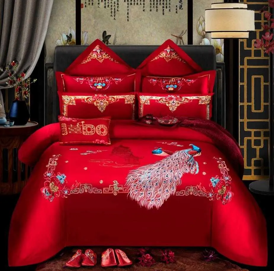 4 6 Stücke Luxus Loong Phoenix Stickerei Rot Bettbezug bettlaken Baumwolle Chinesischen Stil Hochzeit bettdecke Bettwäsche Set Heimtextilien H228l