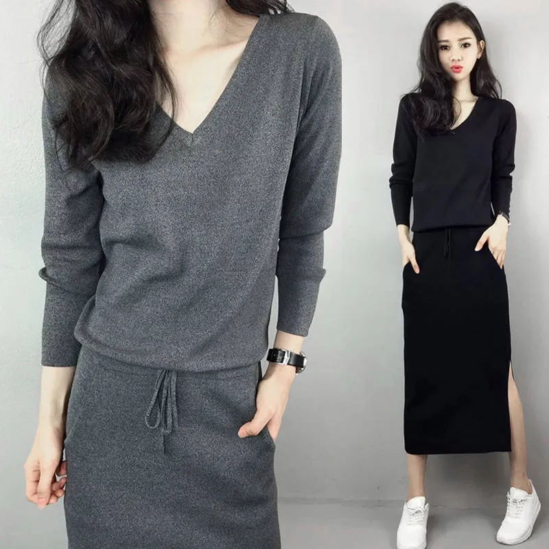 Jesienna sukienka Koreański styl V-Neck z długim rękawem Elegancki Lace-Up Slim Mid-Calf Black Vestidos Casual Solidne kieszenie Koszula Dress 210422