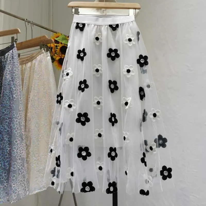 バノビッチ刺繍メッシュスカート女性夏の韓国風野生の女性スカート弾性ウエスト女性210615