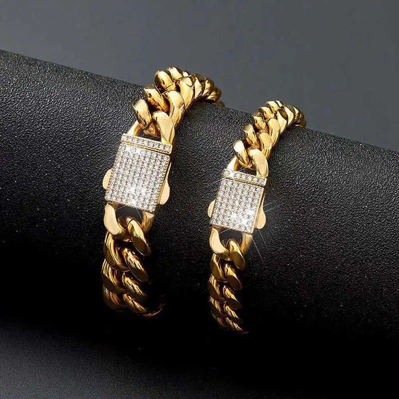 6–14 mm breite kubanische Miami-Ketten aus Edelstahl, Halsketten mit CZ-Zirkon-Kastenschloss, große schwere Goldkette für Männer, Hip-Hop-Rapper-Schmuck
