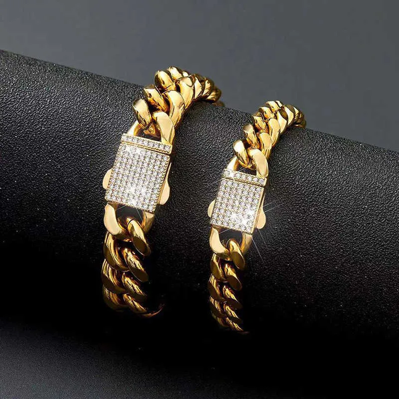 6-14mm de large en acier inoxydable cubain Miami chaînes colliers CZ Zircon boîte serrure grande chaîne en or lourd hommes Hip Hop rappeur bijoux 1694