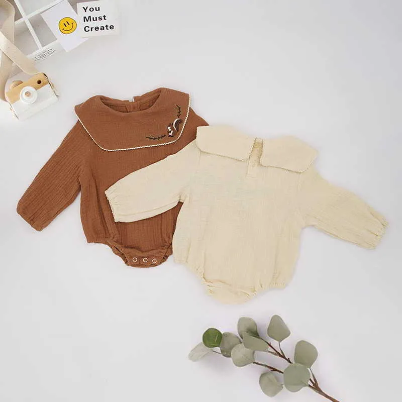 Wholesale Spring Baby Girls Bodysuits Soild Colour Cartoon Squirrel Long Sleeve Corduroy Romper born Clothes E64 210610