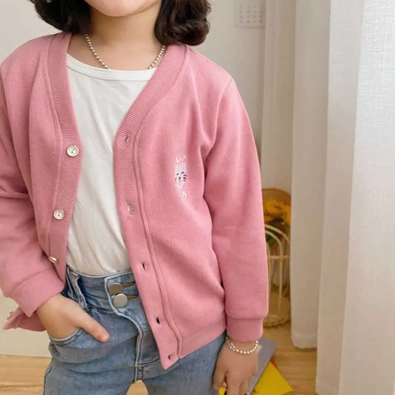 2021 Primavera e Outono Sweater 1-7 Anos Roupas de Bebê Rosa Amarelo Animais Rosa Bordado Criança Menina De Malha Roupas Y1024