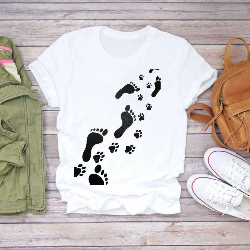 Women T-shirts Dog Cat Paw Letter Sweet 90s Printing Animal Ladies Print Lady Womens Graphic T Top Shirt Female Tee T-Shirt X0527
