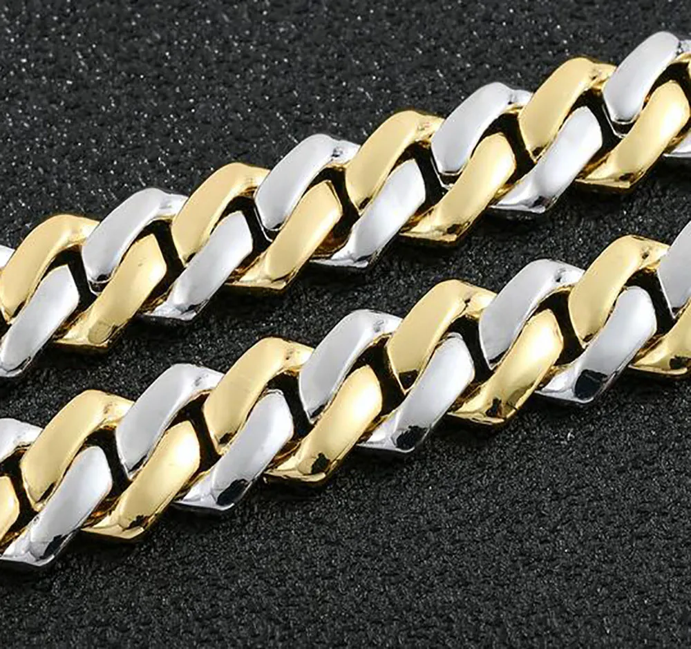14mm Iced Cuban Link Prong Chain Colar 14K Banhado a Ouro Branco Dois Tons de Ouro e Prata Cor Diamante Cubic Zirconia Jóias 16in271n
