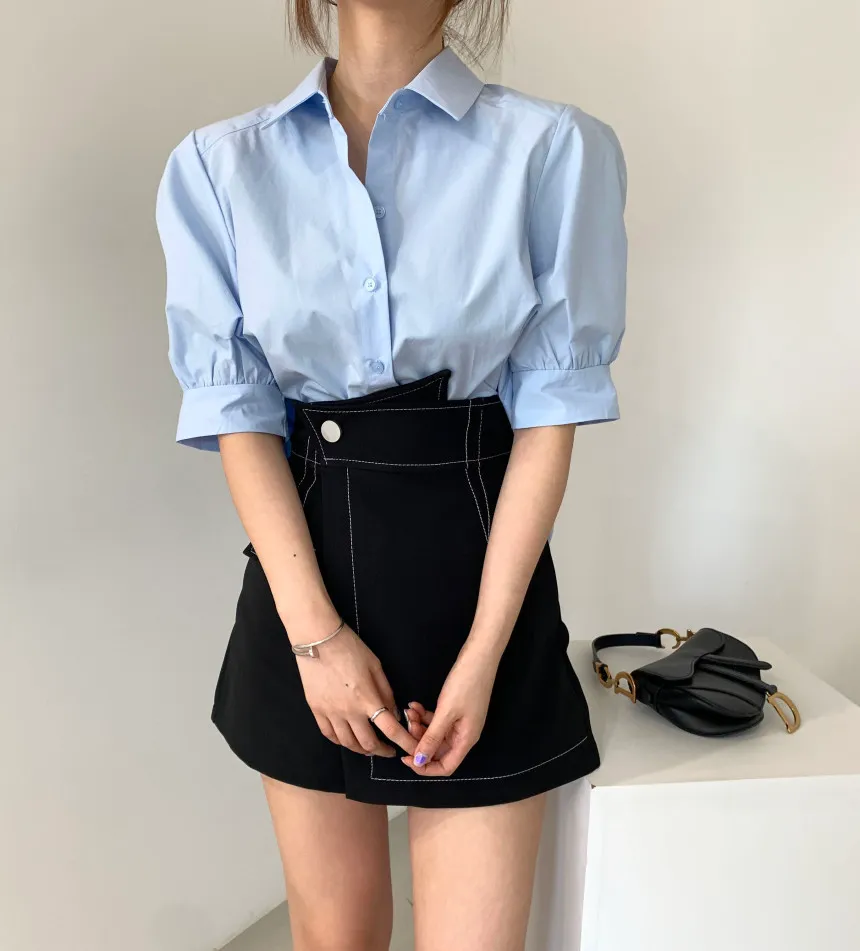 Ol mode chic koreanska sommar blå kort framsida lång rygg pläterad blus kvinnor lös docka vit lapel tröjor casual blusas 210429