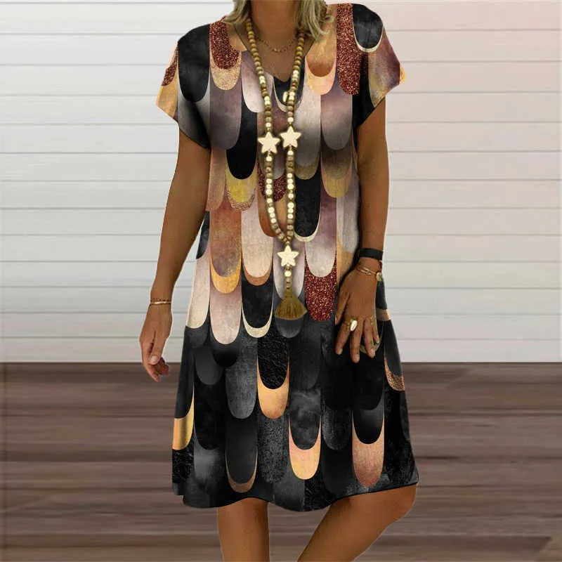2021 Summer New Women's Clothing Plaid Geometric Graphic Mini Dresses Casual Loose Short Sleeve V-Neck Beach Sundress Ladies 5XL Y1006