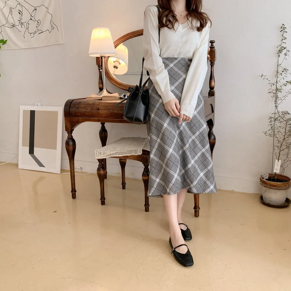 Grande taille Harajuku jupe longue coréenne gris Plaid femmes fermeture éclair taille haute écolière plissée vintage 210423