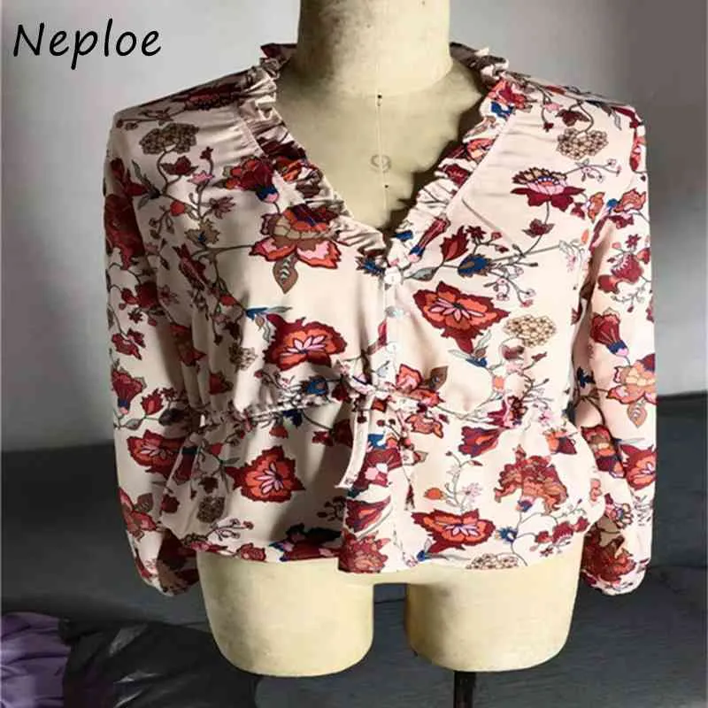 Neploe Eleganta Ruffles Patchwork Loose Blouse Women V Neck Långärmad Pullover Blusas Spring Sälj Well Shirt Wild OL 210510