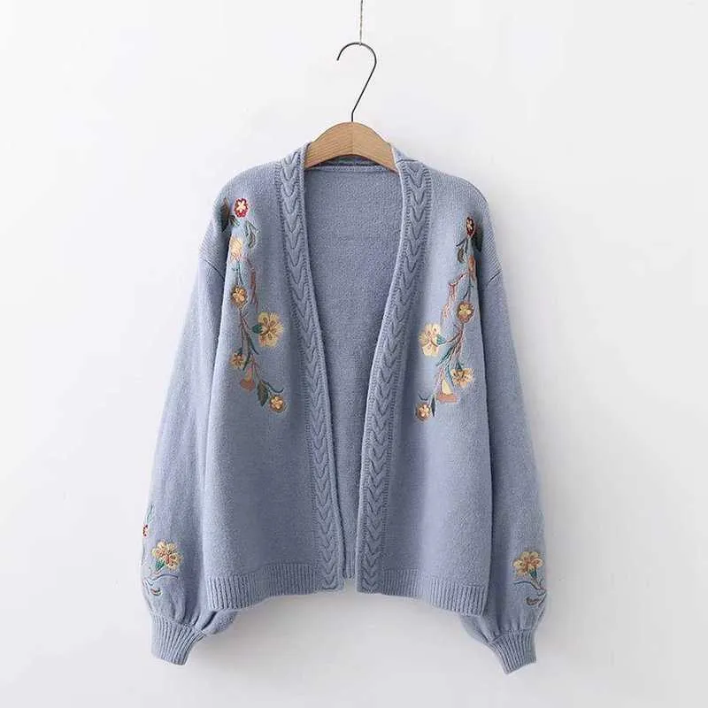 Gagaok Women Knitted Fashion Cardigan Spring Autumn V-Neck Lantern Sleeve Embroidery Floral Thick Loose Harajuku Female Sweater 211011