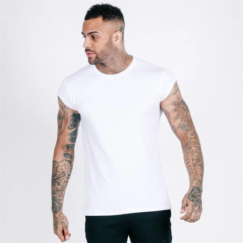 Vêtements de marque Fitness T-shirt Hommes Mode Solide Étendre Long T-shirt Gyms d'été T-shirt à manches courtes Coton Bodybuilding Top 210421