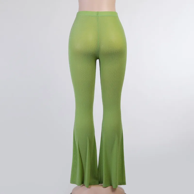 Pantaloni svasati a vita alta primavera Pantaloni lunghi da donna elasticizzati verdi slim streetwear Pantaloni donna casual 210422