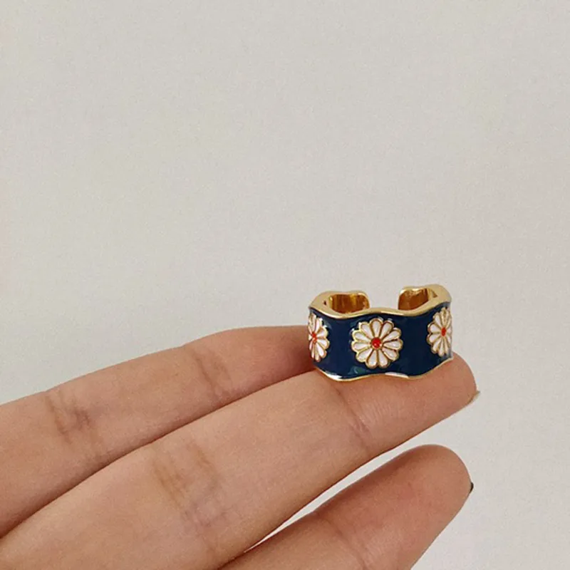2021 frühling Emaille Daisy Blume Vintage Elegante Einfache Öffnung Ringe für Frauen Schmuck Party Geschenke Geometrische
