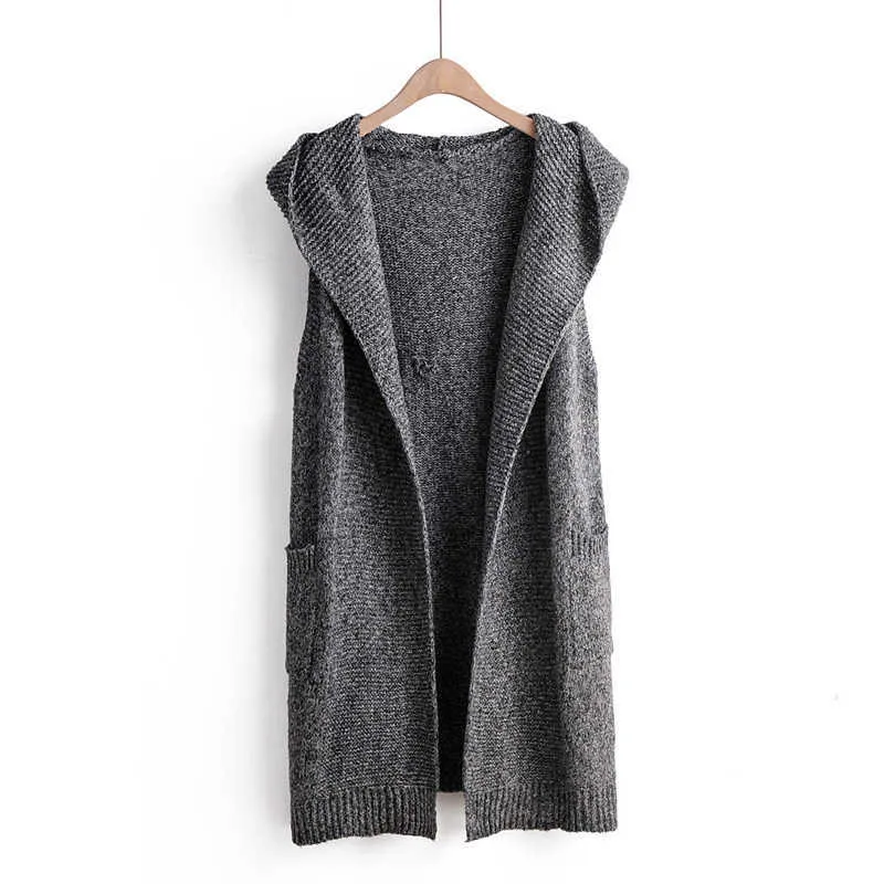 autumn winter long vest women cardigan sleeveless solid hooded with pocket casual outwear female kamizelka chaleco mujer 210817