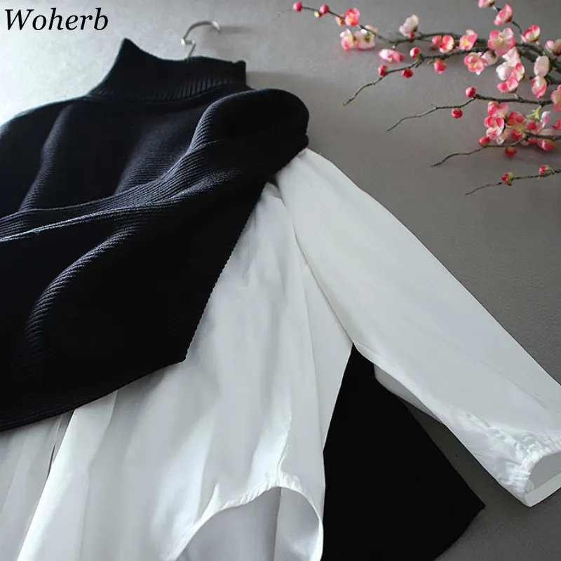 Loose Two Peice Set Women Turtleneck Sweater White Plus Size Shirt Tops Korean Chic Femme Roupas 210422