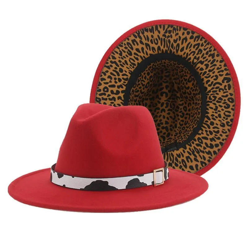 Kadınlar için Geniş Ağız Şapkalar Fedoras Şapka Leopar Patchwork Panama Kış Erkekler Kemer Vintage Kovboy Caz Caps Sombreros de Mujer