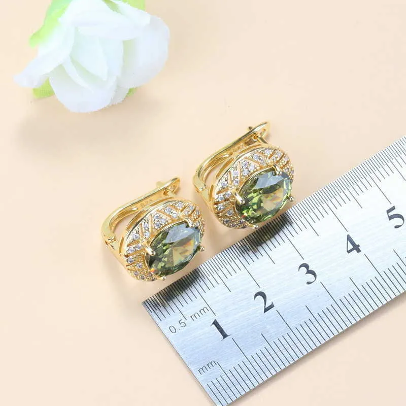 2021 Ny design Morrocan Smycken Satser Kvinnor Bröllop Tillbehör Olive Green Semi-Precious Stones Gold-Color Bridal Set H1022
