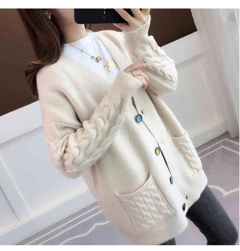 H.SA Women Cashmere Colorful Button Open Stitch Loose Style Long Sweater and Cardigans Winter Warm Clothes 210417