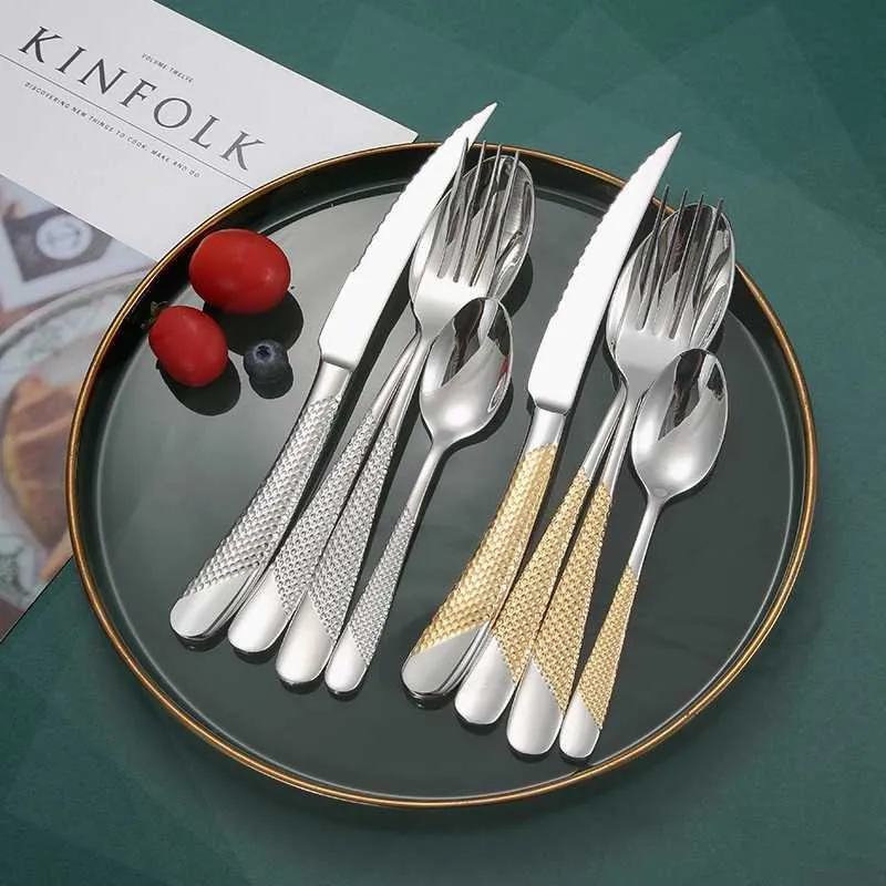 16 stycke bestick set rostfritt stål guld gaffel sked kniv bordsartiklar silverware dinnerware kök gratis 210928