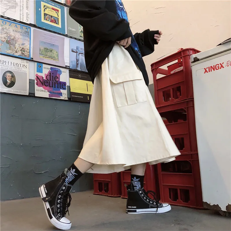 Gran bolsillo de cintura alta Midi Cargo falda Harajuku Streetwear coreano negro blanco faldas mujeres Punk Casual suelta gótica Hip Hop saia 210421