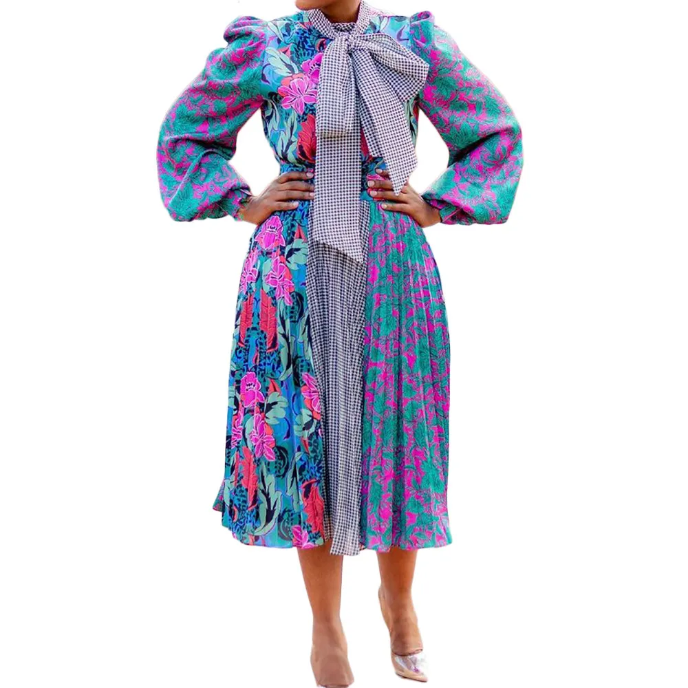Femmes Imprimé Robe Grand Bowtie Col Floral Manches Longues Plissée Une Ligne Plus La Taille Élégante Femme Bureau Chic Mode Africaine 210416