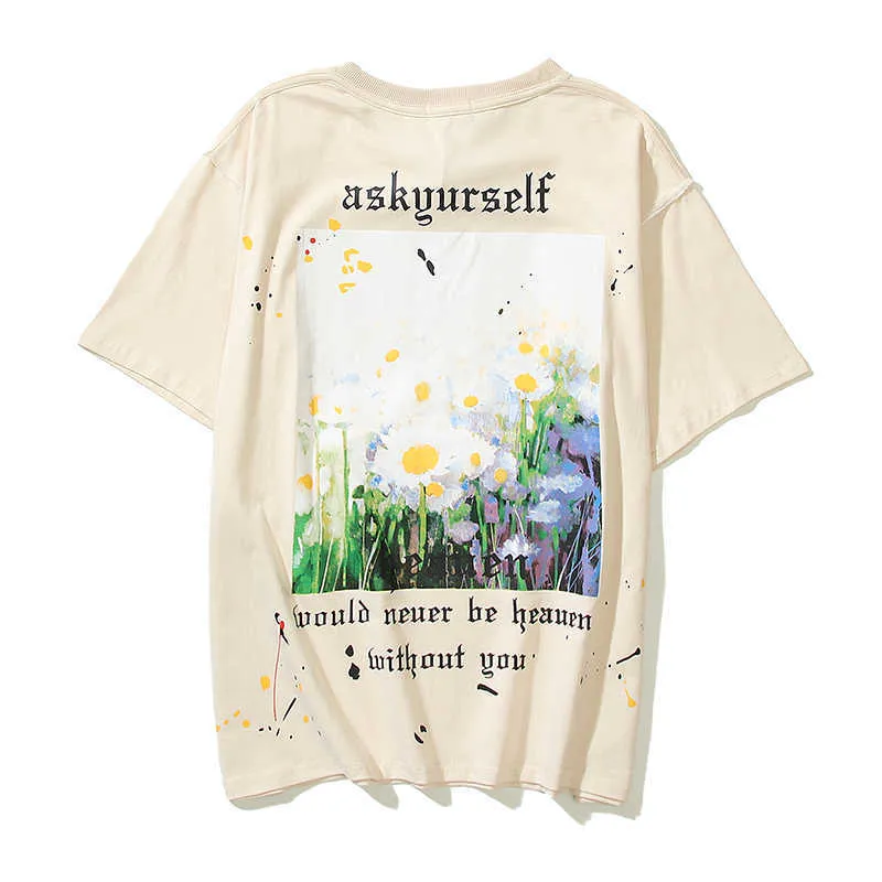 メンズTシャツaskyurselfv9天国デイジー油絵の花スプラッシュインク半袖古いティーコロス株式会社男性と女性のTシャツ