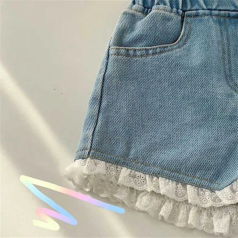 2-9t jeans shorts voor meisjes peuter kid babykleding zomer casual ruches kant denim elegante schattige zoete broek 210723