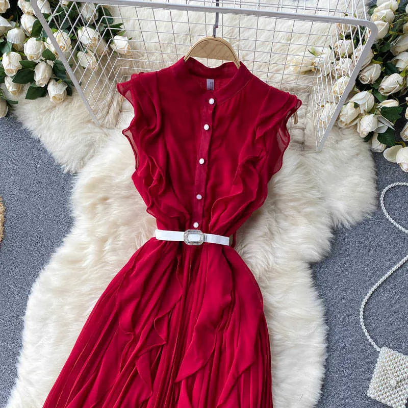 Zomer strand vrouwen chiffon geplooid lange jurk vintage vakantie paars / rode ruche single breasted gedrapeerde vestidos met sjerpen Nieuw Y0603