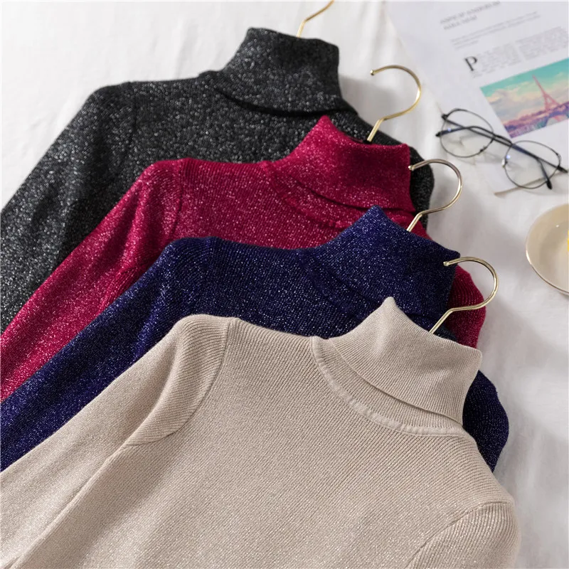 Women's Winter Autumn Sweaters Knitted Solid Turtleneck Bright Flash Bottoming Female Pullovers Woman Tops Candy Colors PL096 210506