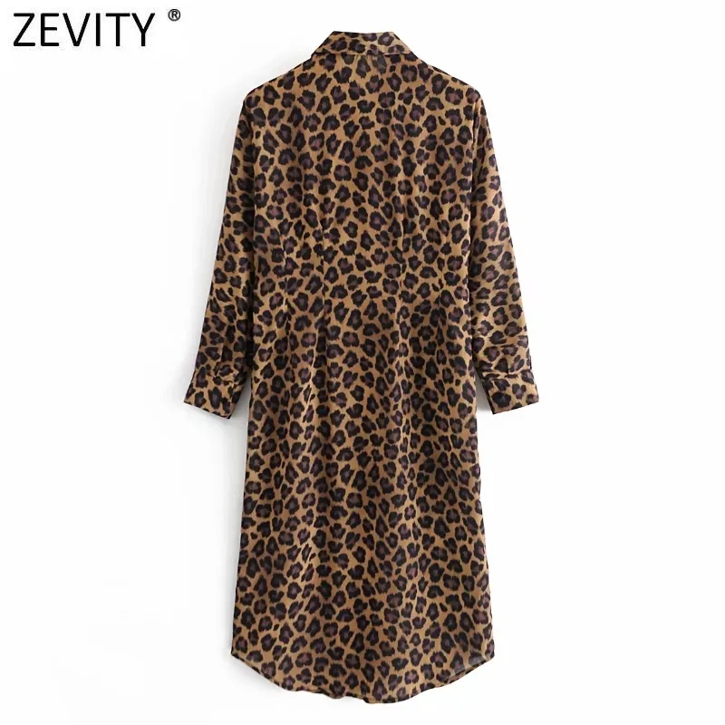 Kobiety Vintage Turn Down Collar Leopard Print Casual Shirt Sukienka Damskie Chic Długie Rękaw Platy Midi Vestido DS5001 210420