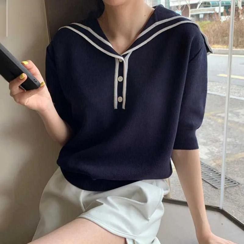 Korejpaa Donna T-Shirt Estate Corea Chic Riduzione dell'età Colletto blu scuro Trim Tre bottoni Sciolto Versatile Top in maglia a maniche corte 210722