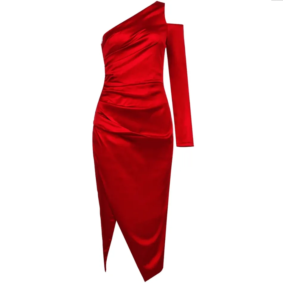 Free Women Red Satin Dress Vestidos Sexy One-shoulder Hollow Long Sleeve Bodycon Split Draped Club Party 210524