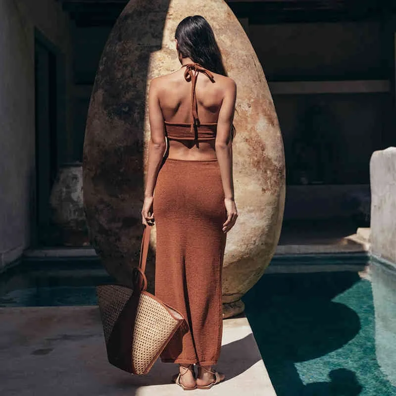 Seksowne bikini pokrywa elegancka halter wysoka talia opaste lato plaża sukienka szydełkowa tunika kobiety nosić kostium kąpielowy pokrywa A856 210420