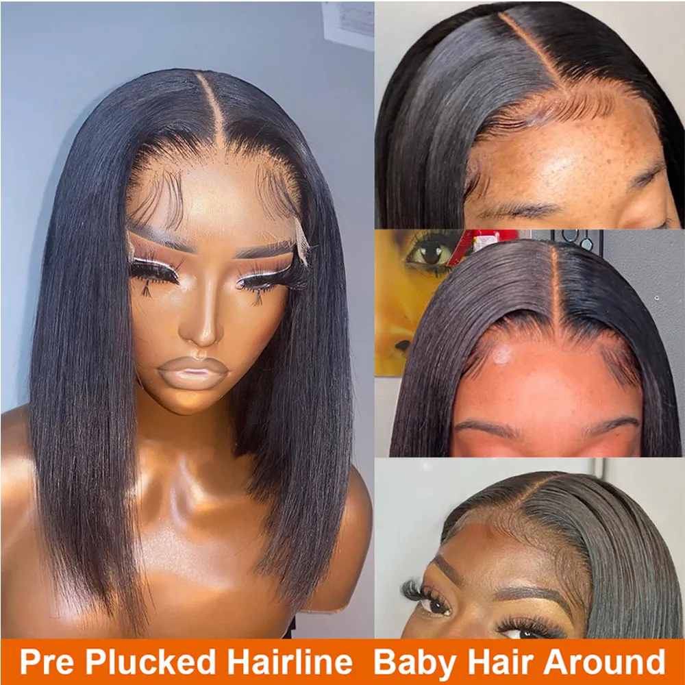 Perruque Bob Lace Wig brésilienne naturelle, cheveux courts et lisses, 4x4, pre-plucked, avec cheveux de bébé, pour femmes noires