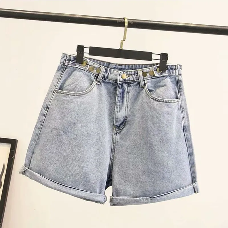 Été Femmes Vintage Streetwear Large Jambe Bleu Denim Shorts Casual Femme Taille Haute Lâche Jeans Noir 210430