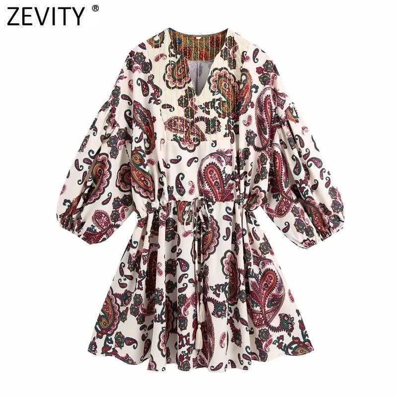 Zevity Women Vintage V Neck Paisley Print Lace Up Waist Shirt Dress Female Chic Retro Totem Floral Casual Court Vestidos DS8341 210603