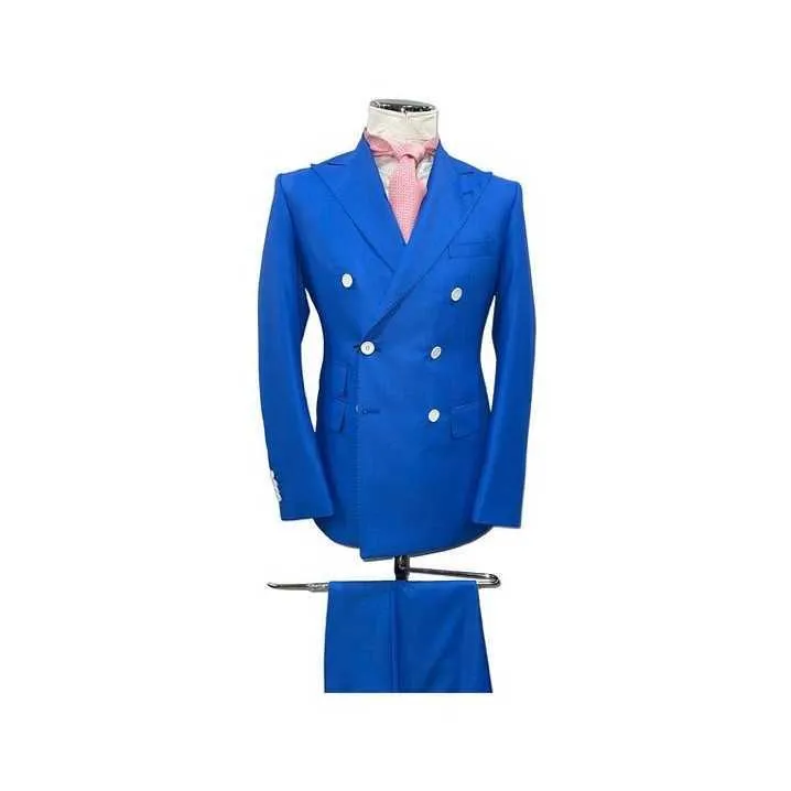 Royal Blue Blazer + Pantalon Costume Homme 2 Pièces Double Boutonnage Plat Slim Fit Casual Tuxedos Pour Mariage X0909