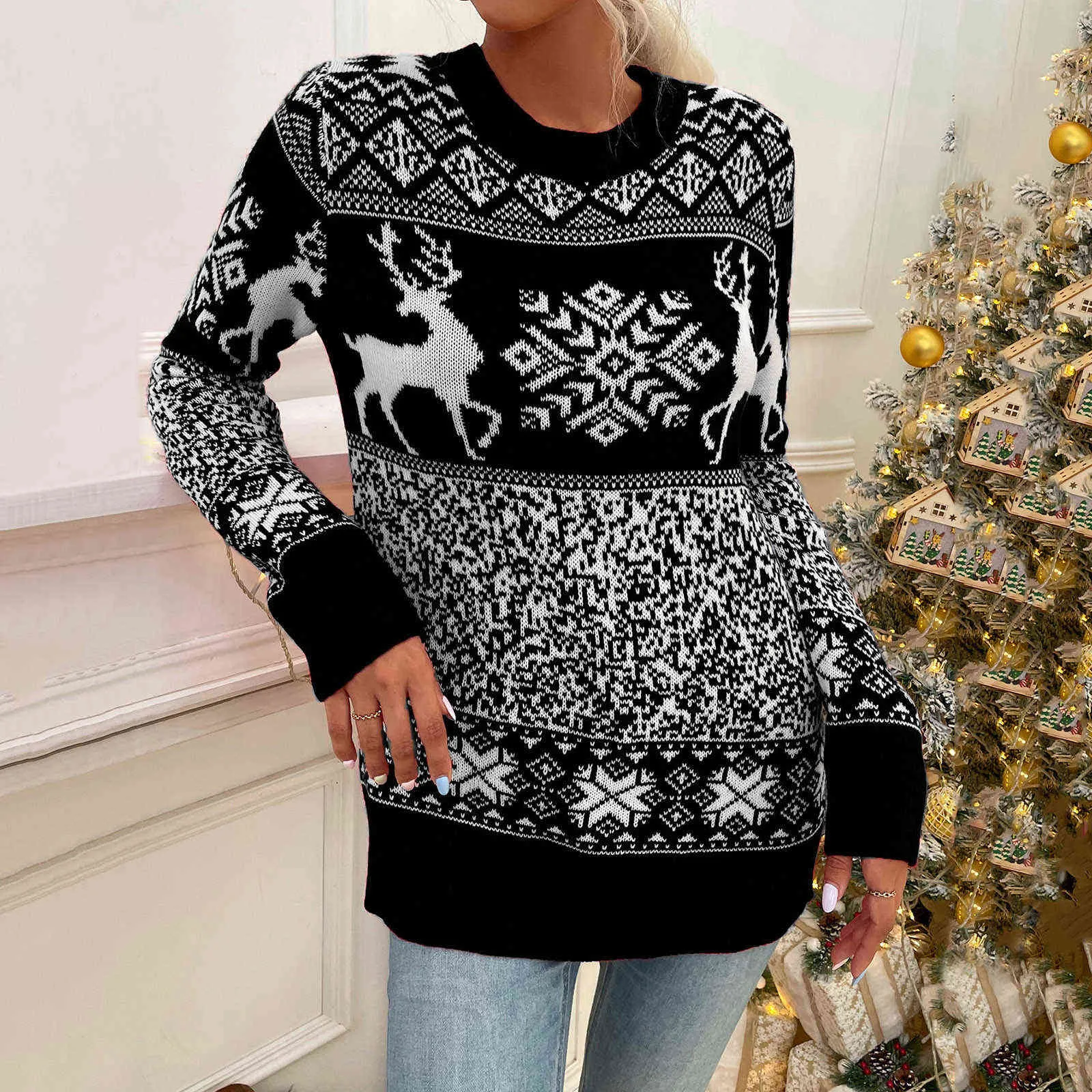 Panie Boże Narodzenie Wełna Dziana Okrągły Neck Elk Drukuj Sweter Z Długim Rękawem Kobiety Zimowe Ubrania Pull Femme Jerseys Mujer Invierno Y1110