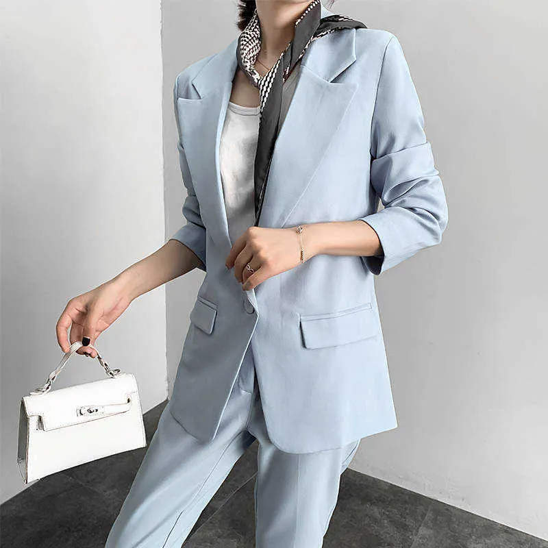 Heydress Frauen Herbst Solide Elegante Blazer Anzug OL Single Button Blau Hosen Anzug Weibliche Formale Büro Anzüge Arbeit Elegante Anzüge 210925